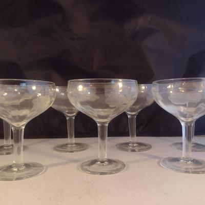 Etched Glass Champagne Coupe/Sherbet Glasses- 7 Piece