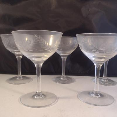 Etched Crystal Wine/Sherbet Glasses- 5 Piece