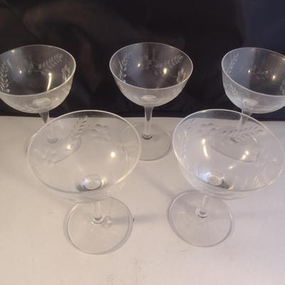 Etched Crystal Wine/Sherbet Glasses- 5 Piece