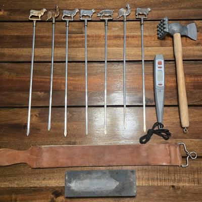 Skewers, Knife Sharpener Strap and Wet Stone, and a Swedish Meat Butchering Tool
