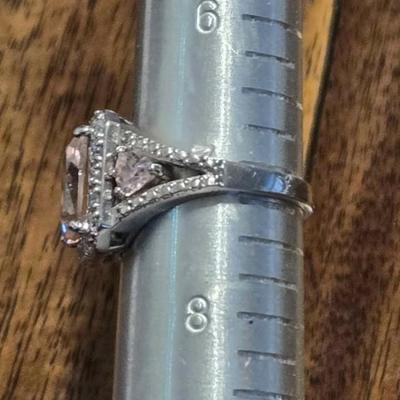 Sterling Silver With Large Pink Zirconia and Small Hearts on the Side Ring