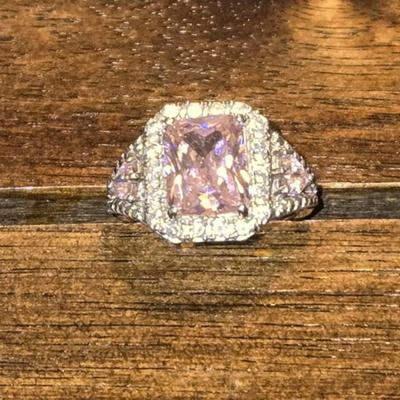 Sterling Silver With Large Pink Zirconia and Small Hearts on the Side Ring
