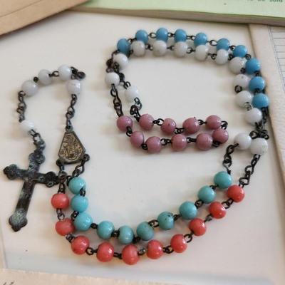 Vintage Colorful Rosary and Religious Ephemeria