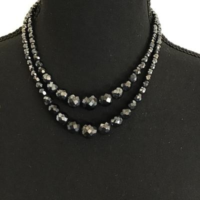 Vintage black faceted tow strand glass necklace