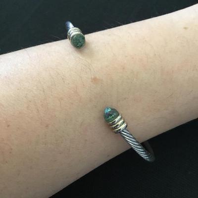 Silver toned cable wire cuff bracelet with rhinestone ends