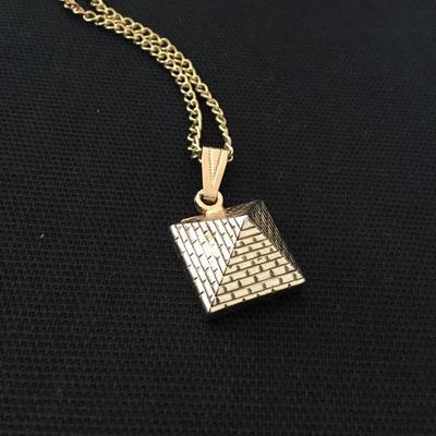 Mid century pyramid, gold tone pendant and necklace