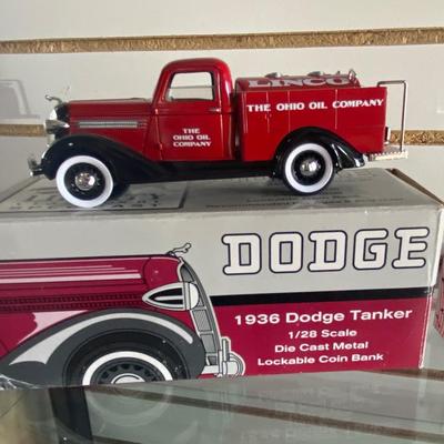 1936 DIE CAST DODGE TANKER TRUCK COIN BANK AND VINTAGE NIB SNOOPY’S HARP