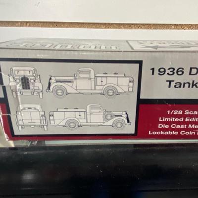 1936 DIE CAST DODGE TANKER TRUCK COIN BANK AND VINTAGE NIB SNOOPY’S HARP