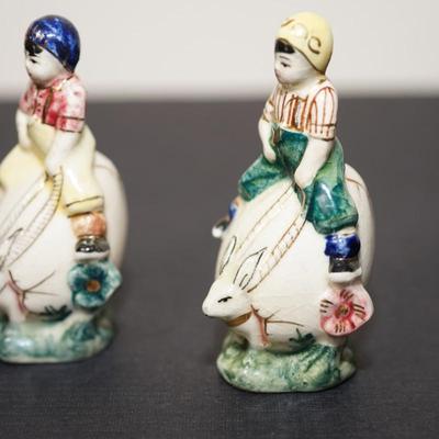 ANTIQUE GERMAN EGG SHAPED BUNNIES WITH CHILDREN RIDING ON THE BACKS