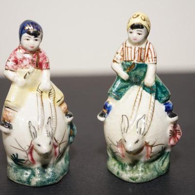 ANTIQUE GERMAN EGG SHAPED BUNNIES WITH CHILDREN RIDING ON THE BACKS