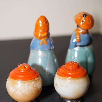 JAPANESE LUSTERWARE SALT AND PEPPERS / CUTE FIGURAL CHILDREN/ ROUND ORANGE CAP LADY/