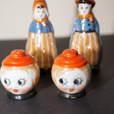 JAPANESE LUSTERWARE SALT AND PEPPERS / CUTE FIGURAL CHILDREN/ ROUND ORANGE CAP LADY/