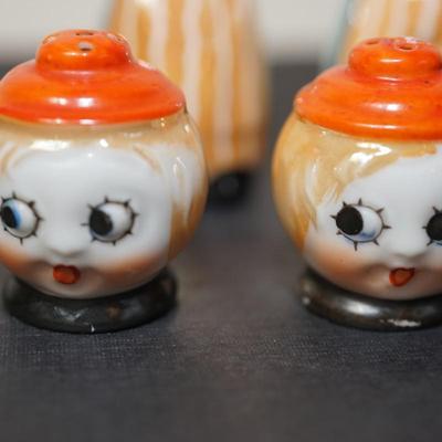 JAPANESE LUSTERWARE SALT AND PEPPERS / CUTE FIGURAL CHILDREN/ ROUND ORANGE CAP LADY/