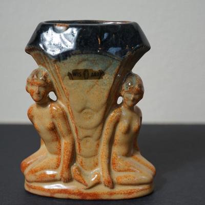 WISCONSIN ART POTTERY/ PITTSVILLE POTTERY VASE W/ DECO STYLE LADY FIGURINES