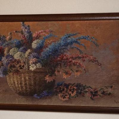 EXTREMELY ATTRACTIVE ACRYLIC PAINTING OF LILACS, PANSIES, BACHELORS BUTTONS IN A WOVEN BASKET