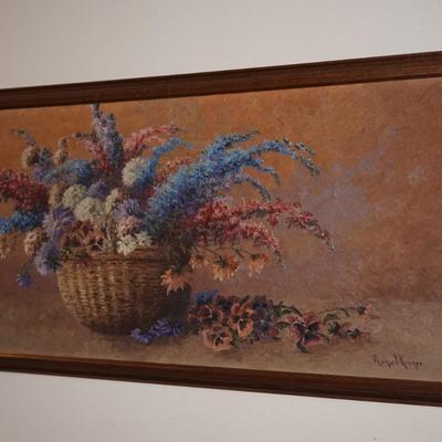 EXTREMELY ATTRACTIVE ACRYLIC PAINTING OF LILACS, PANSIES, BACHELORS BUTTONS IN A WOVEN BASKET