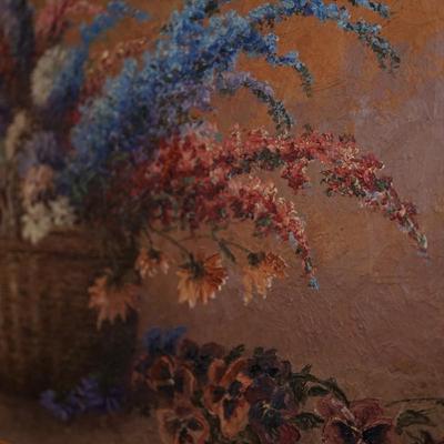 EXTREMELY ATTRACTIVE ACRYLIC PAINTING OF LILACS, PANSIES, BACHELORS BUTTONS IN A WOVEN BASKET