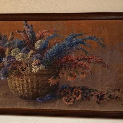 EXTREMELY ATTRACTIVE ACRYLIC PAINTING OF LILACS, PANSIES, BACHELORS BUTTONS IN A WOVEN BASKET