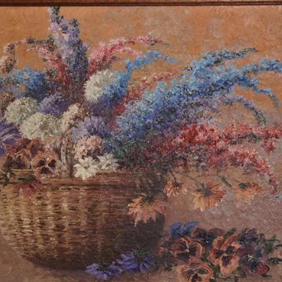 EXTREMELY ATTRACTIVE ACRYLIC PAINTING OF LILACS, PANSIES, BACHELORS BUTTONS IN A WOVEN BASKET