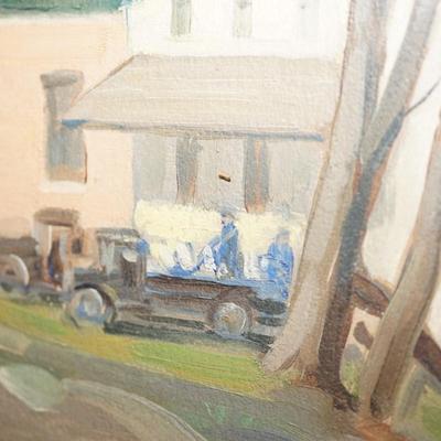 1928 OIL PAINTING BY THEODORE B. HOFFMAN 1928 BUILDING/VINTAGE CARS/ RIVER SCENE FRAMED