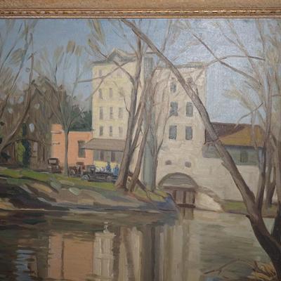 1928 OIL PAINTING BY THEODORE B. HOFFMAN 1928 BUILDING/VINTAGE CARS/ RIVER SCENE FRAMED