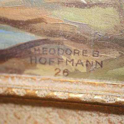 1928 OIL PAINTING BY THEODORE B. HOFFMAN 1928 BUILDING/VINTAGE CARS/ RIVER SCENE FRAMED