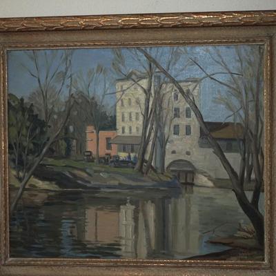 1928 OIL PAINTING BY THEODORE B. HOFFMAN 1928 BUILDING/VINTAGE CARS/ RIVER SCENE FRAMED