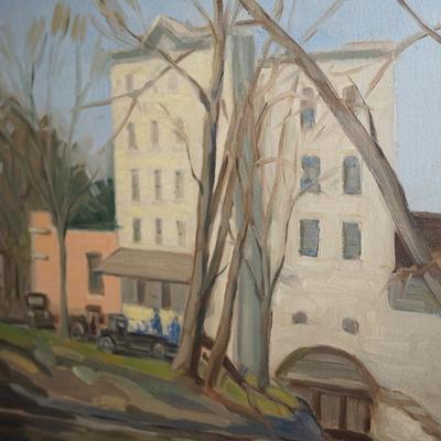 1928 OIL PAINTING BY THEODORE B. HOFFMAN 1928 BUILDING/VINTAGE CARS/ RIVER SCENE FRAMED