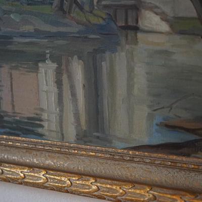1928 OIL PAINTING BY THEODORE B. HOFFMAN 1928 BUILDING/VINTAGE CARS/ RIVER SCENE FRAMED