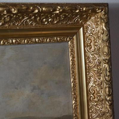 L.G STUDLEY 19TH CENTURY OIL PAINTING OF "LAKE MOREY: OF VERMONT/ORIGINAL GESSO FRAME