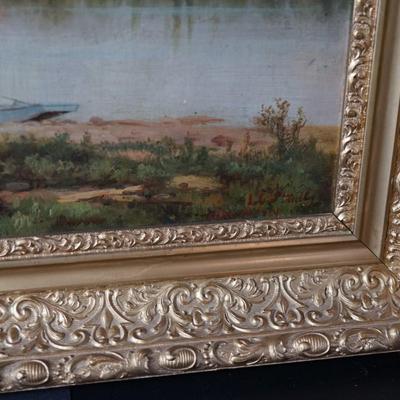 L.G STUDLEY 19TH CENTURY OIL PAINTING OF "LAKE MOREY: OF VERMONT/ORIGINAL GESSO FRAME
