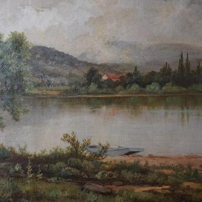 L.G STUDLEY 19TH CENTURY OIL PAINTING OF "LAKE MOREY: OF VERMONT/ORIGINAL GESSO FRAME