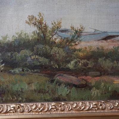 L.G STUDLEY 19TH CENTURY OIL PAINTING OF "LAKE MOREY: OF VERMONT/ORIGINAL GESSO FRAME