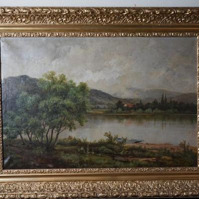 L.G STUDLEY 19TH CENTURY OIL PAINTING OF "LAKE MOREY: OF VERMONT/ORIGINAL GESSO FRAME