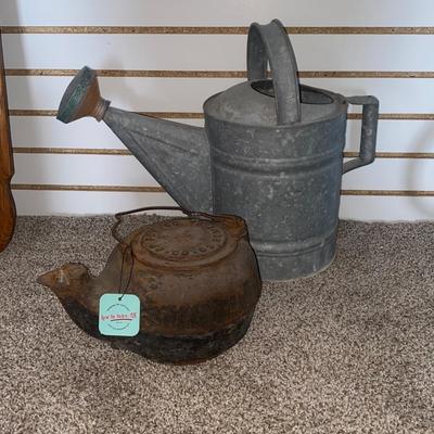 ANTIQUE CAST IRON KETTLE AND VINTAGE GALVANIZED WATERING PAIL