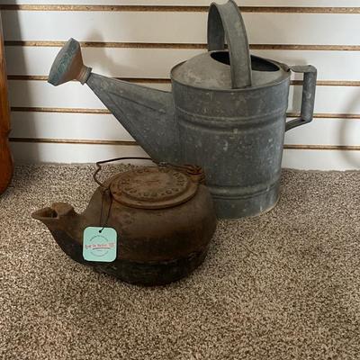 ANTIQUE CAST IRON KETTLE AND VINTAGE GALVANIZED WATERING PAIL