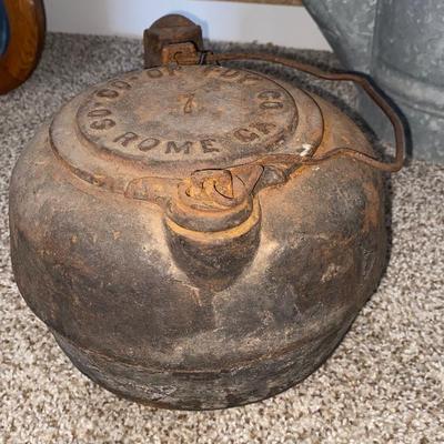 ANTIQUE CAST IRON KETTLE AND VINTAGE GALVANIZED WATERING PAIL
