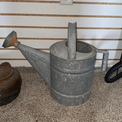 ANTIQUE CAST IRON KETTLE AND VINTAGE GALVANIZED WATERING PAIL