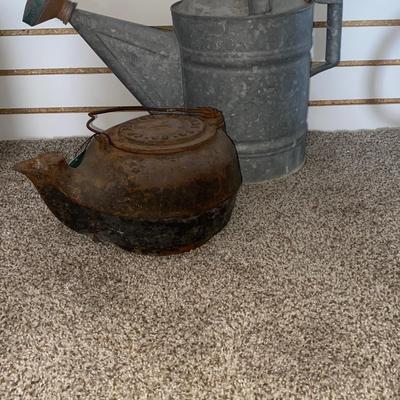 ANTIQUE CAST IRON KETTLE AND VINTAGE GALVANIZED WATERING PAIL