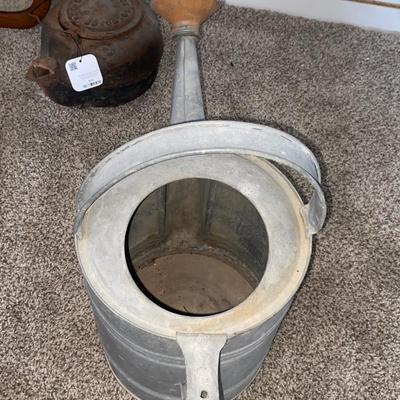 ANTIQUE CAST IRON KETTLE AND VINTAGE GALVANIZED WATERING PAIL