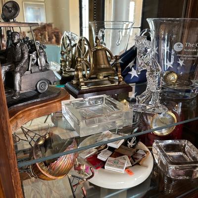 Entry Cabinet - Lead Glass Oak - w/ Waterford Golf figure, Crystal , Danbury Mint Lem, & More