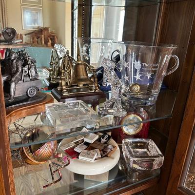 Entry Cabinet - Lead Glass Oak - w/ Waterford Golf figure, Crystal , Danbury Mint Lem, & More