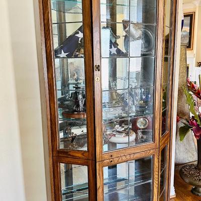 Entry Cabinet - Lead Glass Oak - w/ Waterford Golf figure, Crystal , Danbury Mint Lem, & More