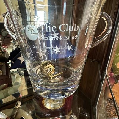 Entry Cabinet - Lead Glass Oak - w/ Waterford Golf figure, Crystal , Danbury Mint Lem, & More