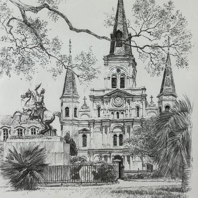 1976 Don Davey New Orleans "St. Louis Cathedral" Framed Pencil Art Print