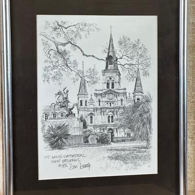 1976 Don Davey New Orleans "St. Louis Cathedral" Framed Pencil Art Print