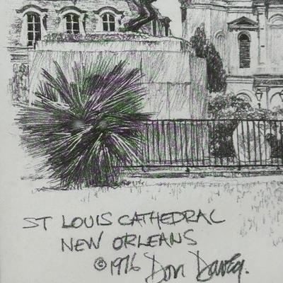 1976 Don Davey New Orleans "St. Louis Cathedral" Framed Pencil Art Print
