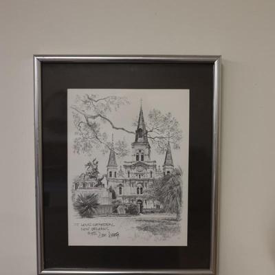 1976 Don Davey New Orleans "St. Louis Cathedral" Framed Pencil Art Print
