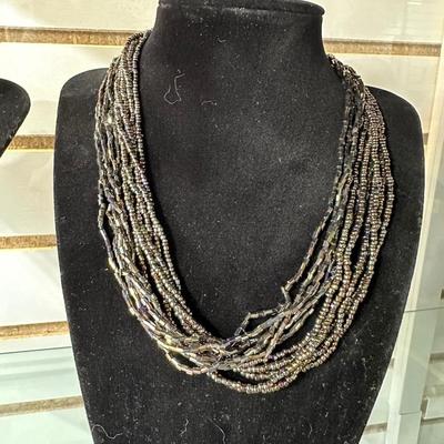 VINTAGE CORO NECKLACE AND VINTAGE SEED BEAD AND LIQUID BEAD “PEACOCK” NECKLACE