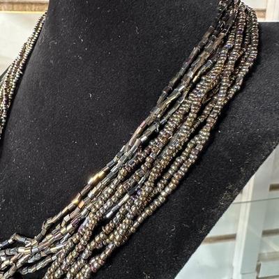 VINTAGE CORO NECKLACE AND VINTAGE SEED BEAD AND LIQUID BEAD “PEACOCK” NECKLACE